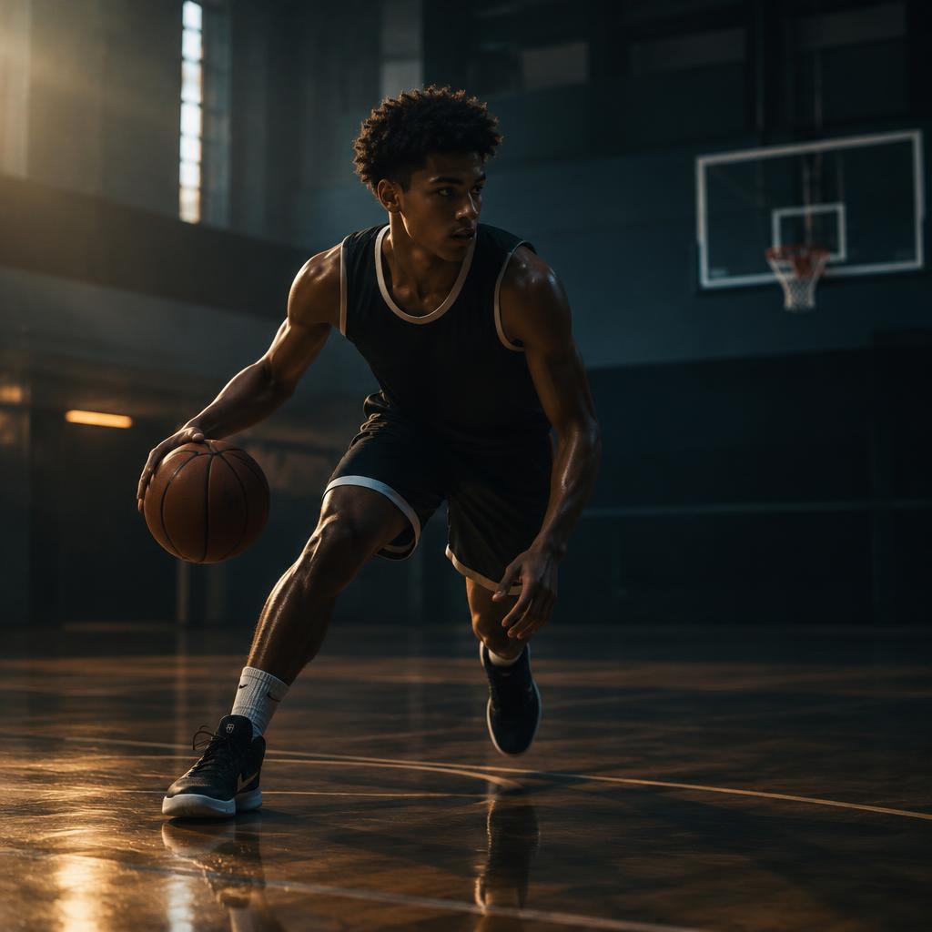 Basketspelare dribblar på en inomhusplan