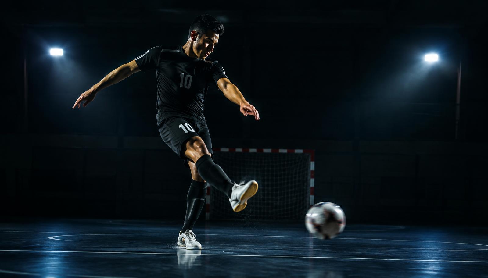 Futsalspelare skjuter bollen i en mörk sporthall